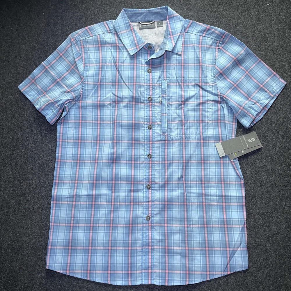 Free Country Shirt Mens S Blue NWT Excursion Yarn Dye Plaid Quick Dry Hiking - Picture 6 of 9